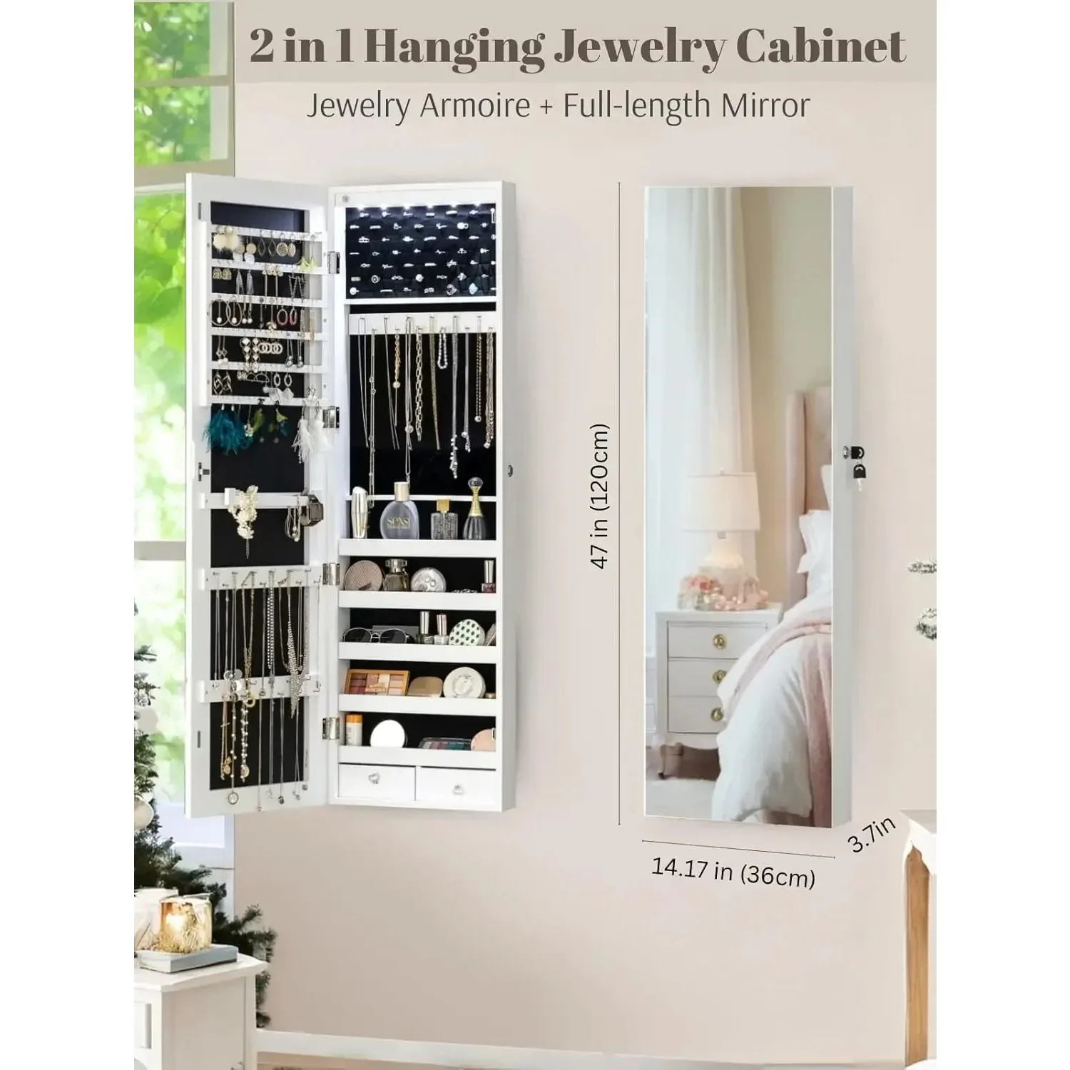 Mirror Jewelry Cabinet Armoire 47.2-Inch Large 6 LEDs Jewelry Organizer Mirror Full Length with Storage, Door-Hanging/Wall White