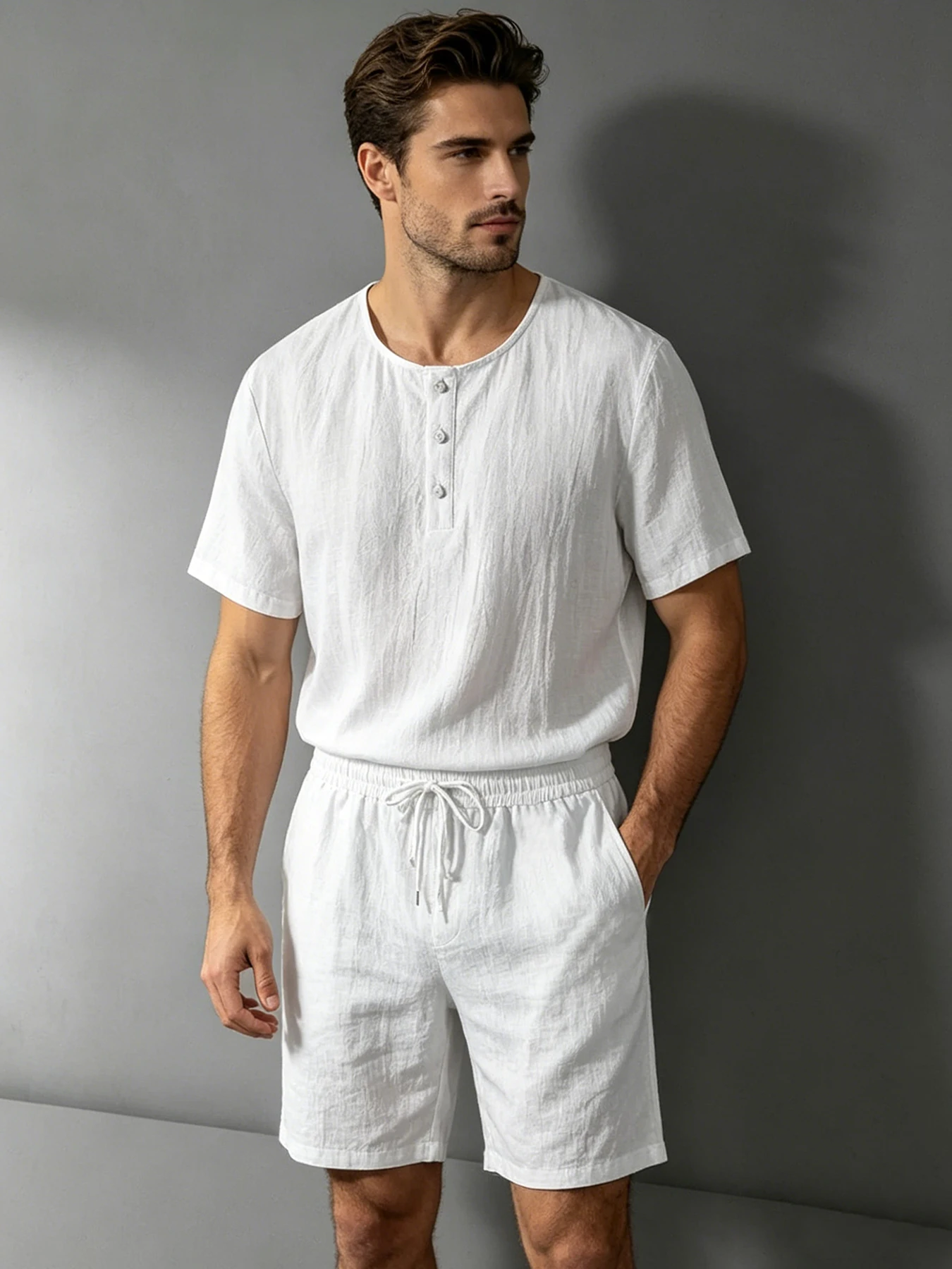 Men's Cotton Linen 2-Piece Set Henley T-Shirt Drawstring Shorts Breathable Casual Beach Outfit