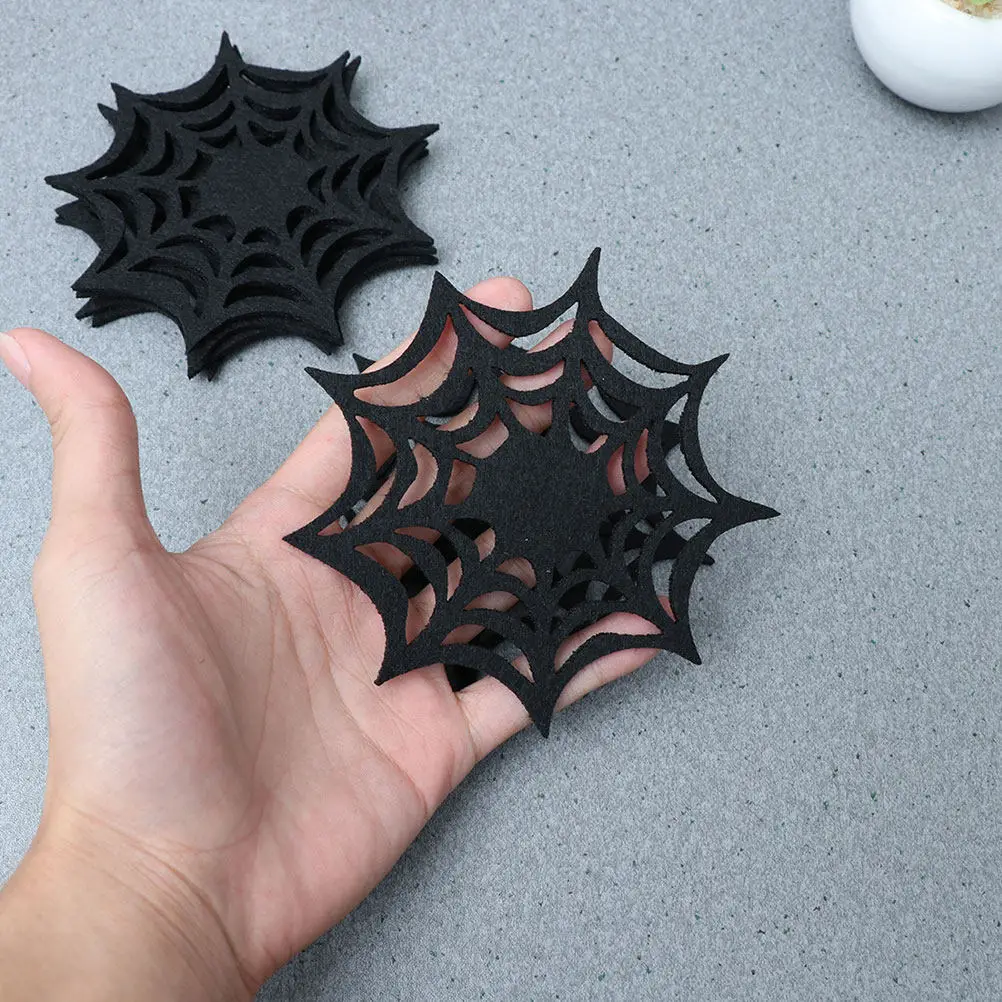 9Pcs Halloween Felt Coasters Spider Web Design Festive Table Mat Set Heat Resistant Multi Use Coaster for Cups Bowls Placemats