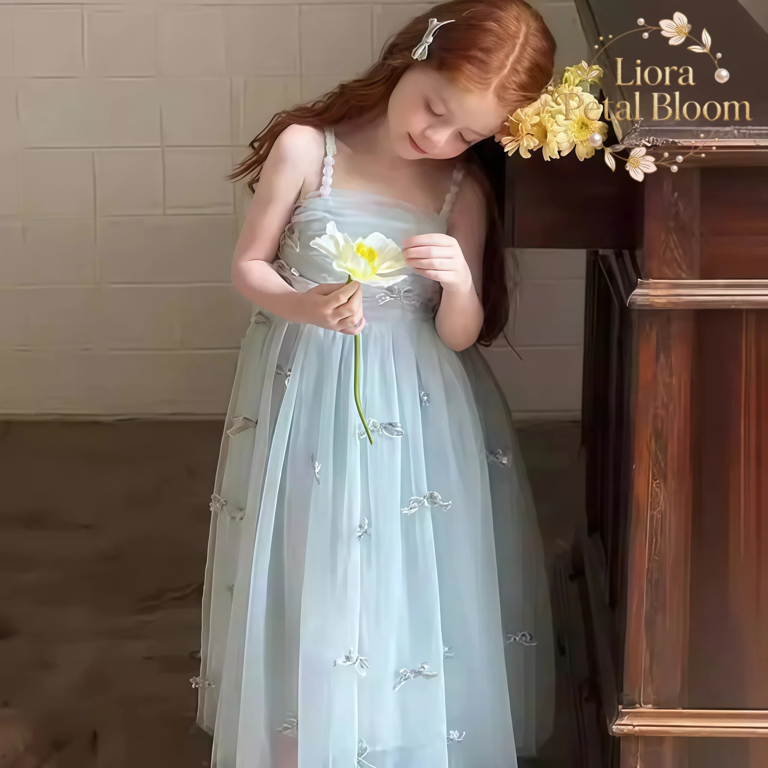 Abito da bambina blu con fiocco, abito elegante da cerimonia per bambina, abito da damigella con spalline sottili, abito da damigella d'onore