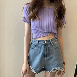 Women Off Shoulder Sexy Tank Tops Knitted Ruffles Hem Crop Tops TRAF Short Sleeve Casual Tops For Women 2024 Summer