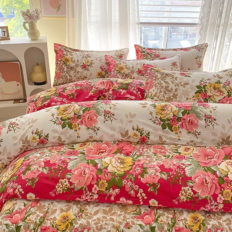 Romantic Peony Floral Duvet Cover Set Reversible Shabby Flower Comforter Cover with 2 Pillowcase Vintage Farmhouse Bedding Set