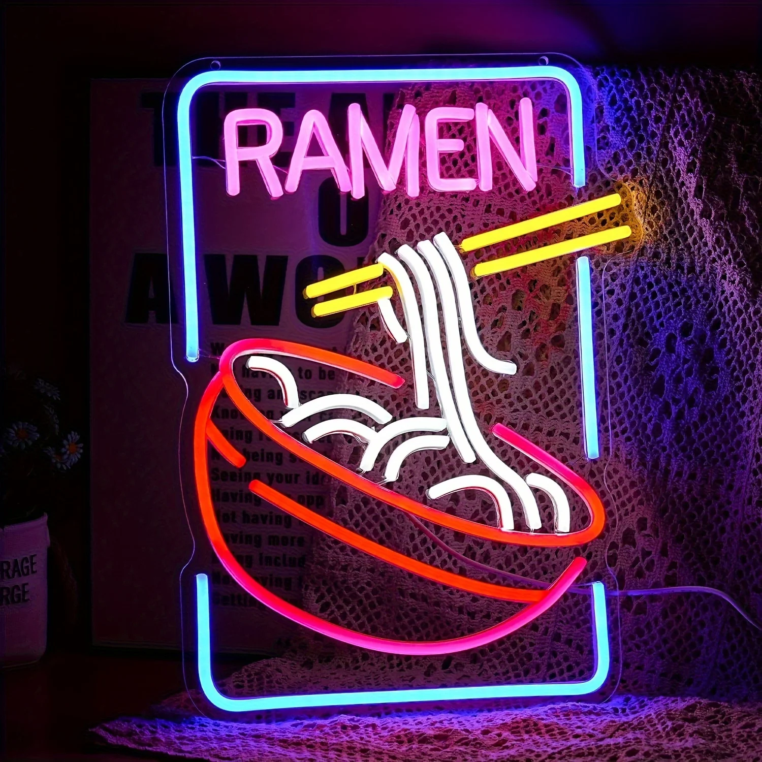 Neon Sign Decoration for Ramen, Glowing Ramen LED Neon Light, Powered, Colorful Neon Art Wall Decor, Suitable for Shops