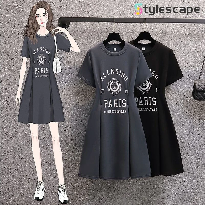 Large Size Women's Clothing Design with Letter Print, Pleated Waist, Flesh Covering, Slimming Effect, Fashionable A-line Dress