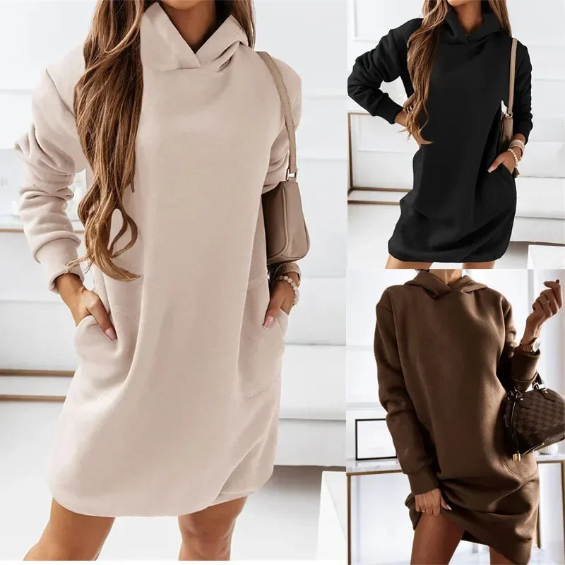 

Women Long Sleeve Hooded Dress Solid Color Pocket Casual Long Sweatshirts Autumn Winter Loose Hoodies Sport Dress худи платье