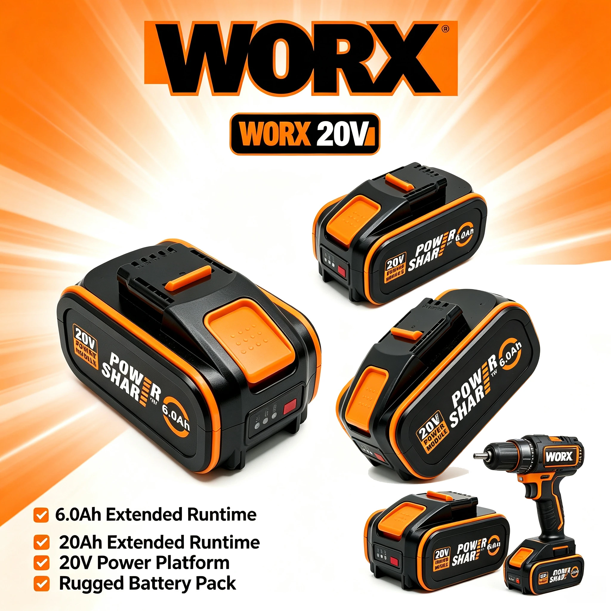 WORX 20V 6.0Ah 4Pin Battery WA3553 High Capacity Li-ion Pack Overcharge Protection for WORX WX394 WG630 Power Tools  Maintenance