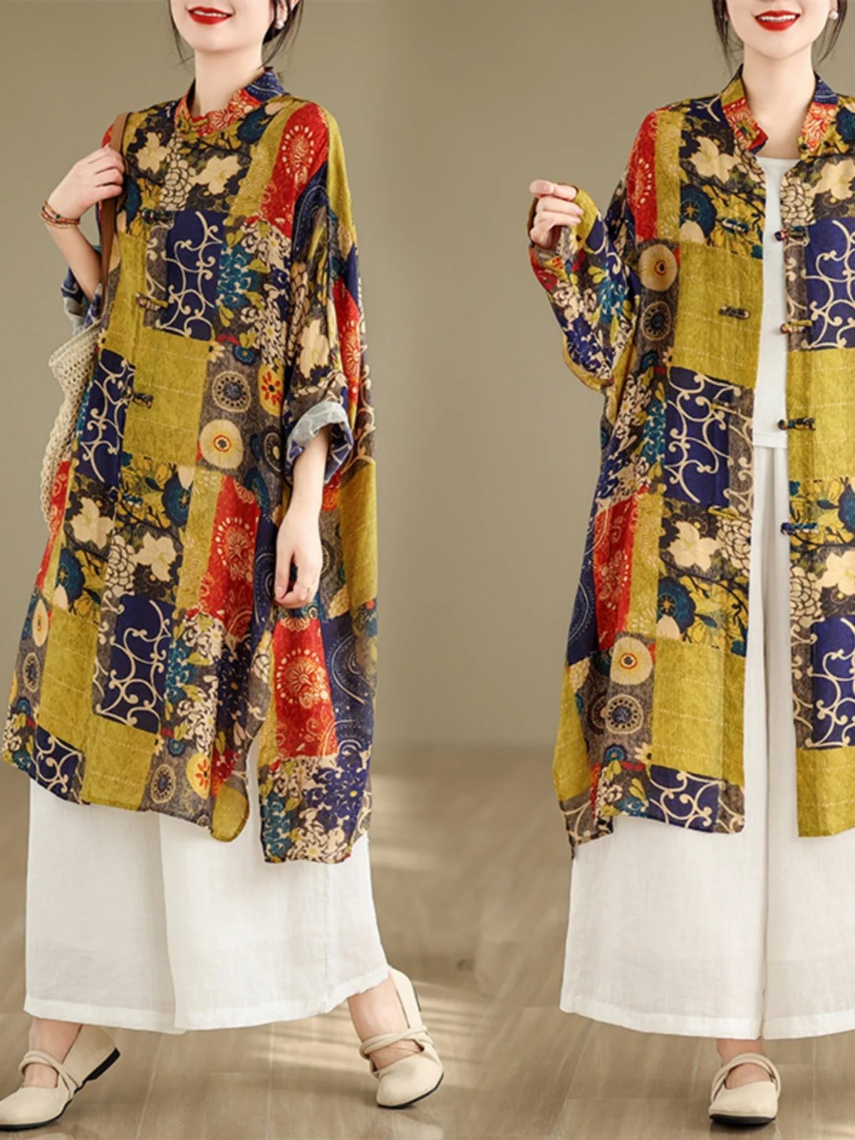 Nuevo Cárdigan largo abierto chino Sle irt para mujer, ropa de abrigo Retro con protección solar, detalle de botones holgado