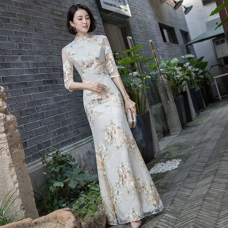 

2024 Champagne Fish Tail Dress Women Gauze Patchwork Modern Improve Qipao Chic Slim Long Chinese Traditional Retro Cheongsam