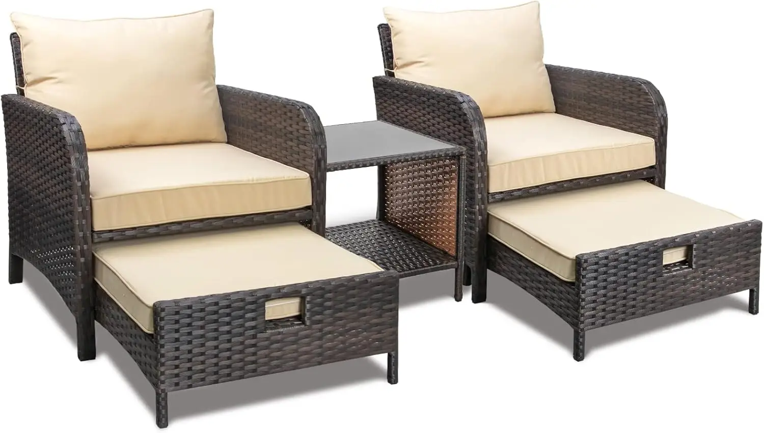 

Balcony Furniture 5 Piece Patio Conversation Set, PE Wicker Rattan Outdoor Lounge Chairs with Soft Cushions 2 Ottoman&Glass
