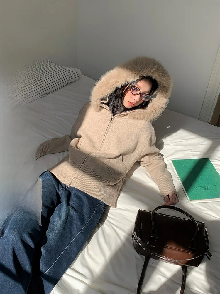 

iny Fur Collar Loose Knitted Hoodie Cardigan Women's Autumn Winter Removable Lazy Korean Sle Top Thiened Long Sve