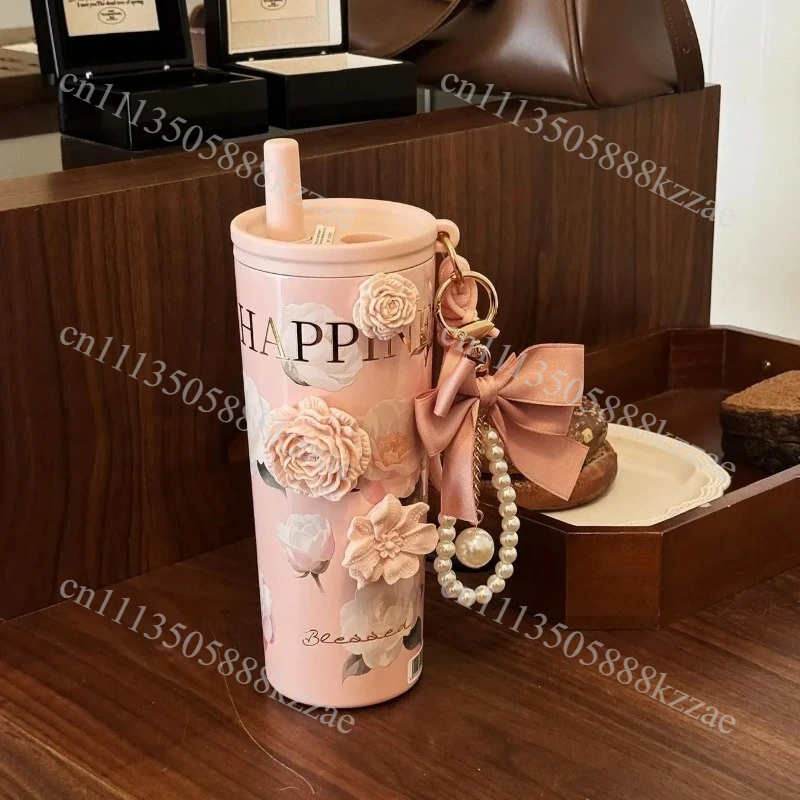 Elegant 700ML Camellia Ceramic Inner Pot Insulated Cup for Women Stylish Portable 700ML Camellia Ceramic Coffee Cup with Straw