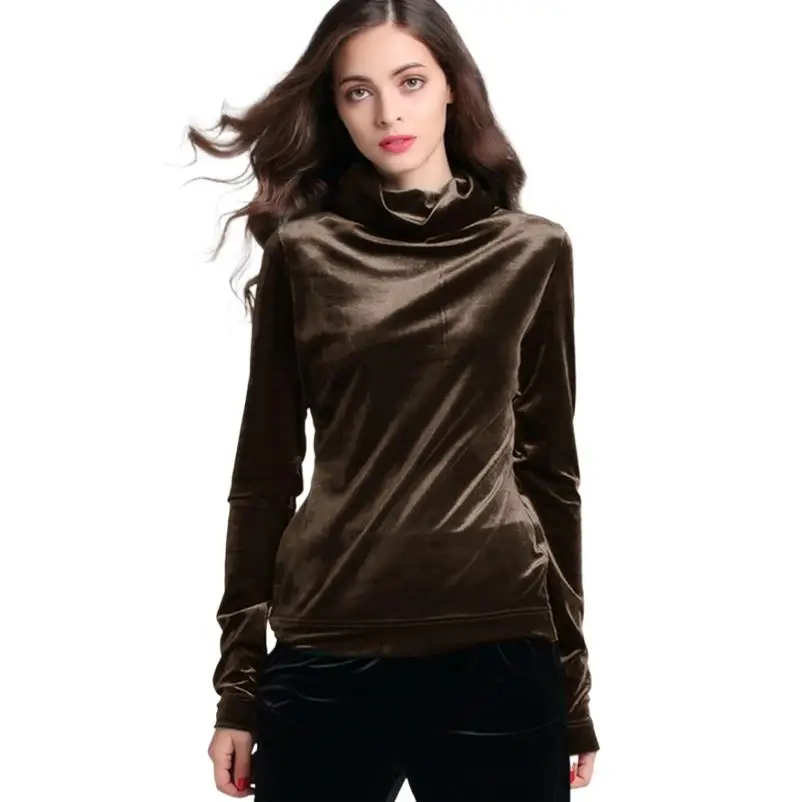 

Elegant Velvet Women Vintage Tops Long Sleeve Turtleneck Velvet Velour Fashion Party Evening Shirt Vestidos roupas femininas