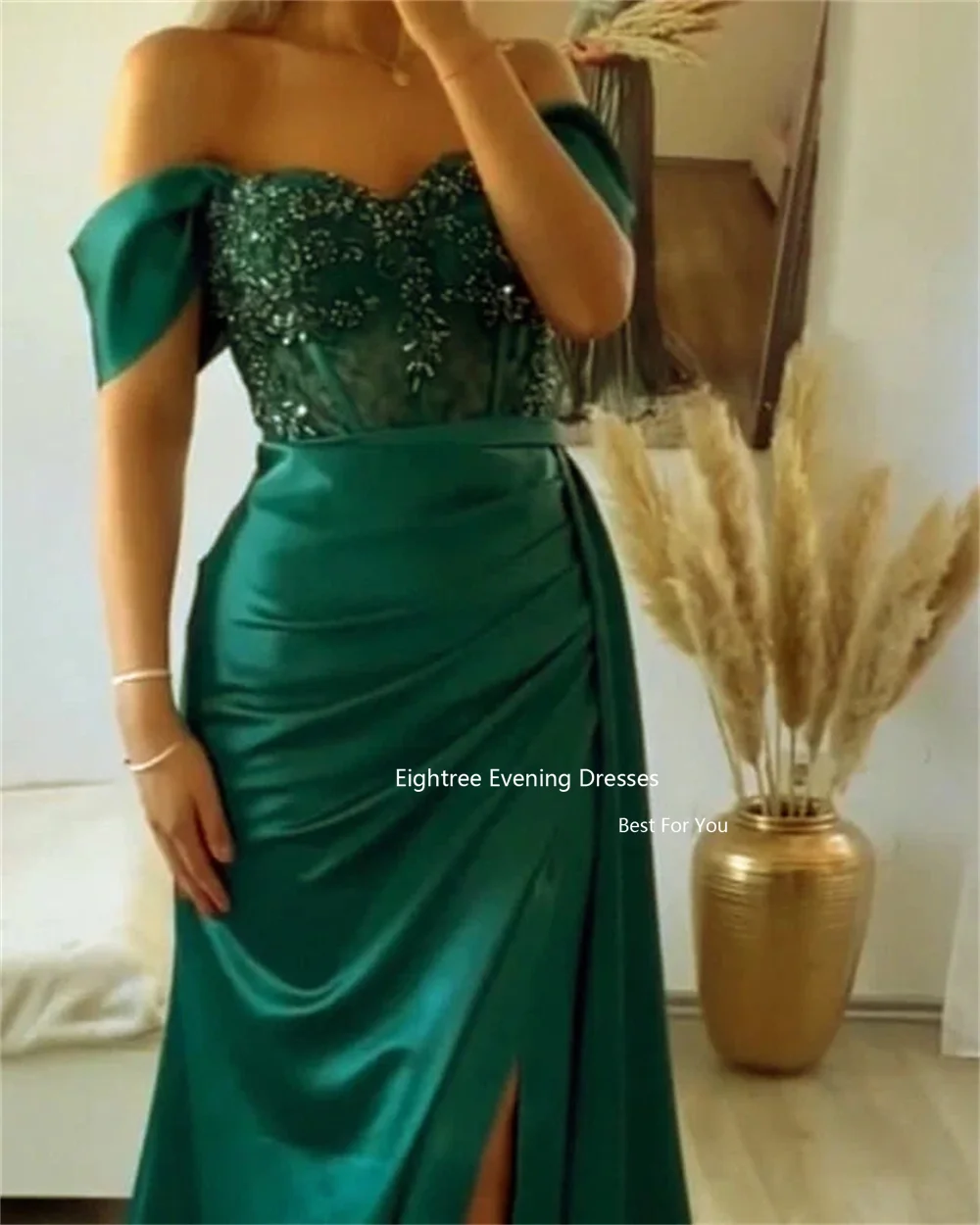 Eightree Emerald Green Satin Prom Dresses Off The Shoulder Beadings Mermaid Slit Pleat Party Dresses Vestidos De Gala 2023