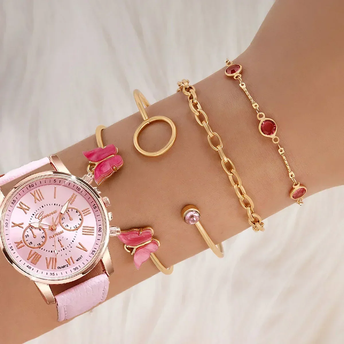 5pcs Fashionable Women's Watch with Simple Roman Dial Quartz Watch, Women's Leather Strap Watch Bracelet Set (no Box)