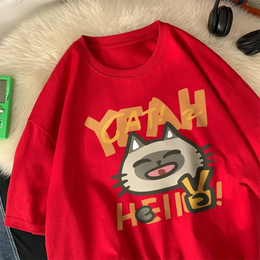 안녕하세요 작은 고양이 귀여운 인쇄 여성 티셔츠 만화 인쇄 탑 o-넥 부드럽고 편안한 반팔 여름 캐주얼 의류