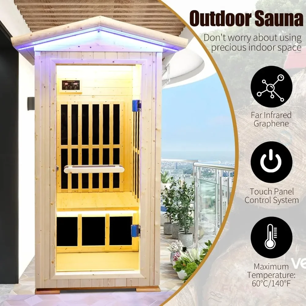 Sauna doméstica de infrarrojos lejanos de 1300W, Sauna canadiense de madera de abeto para exteriores con 7 placas de calefacción, 1 persona