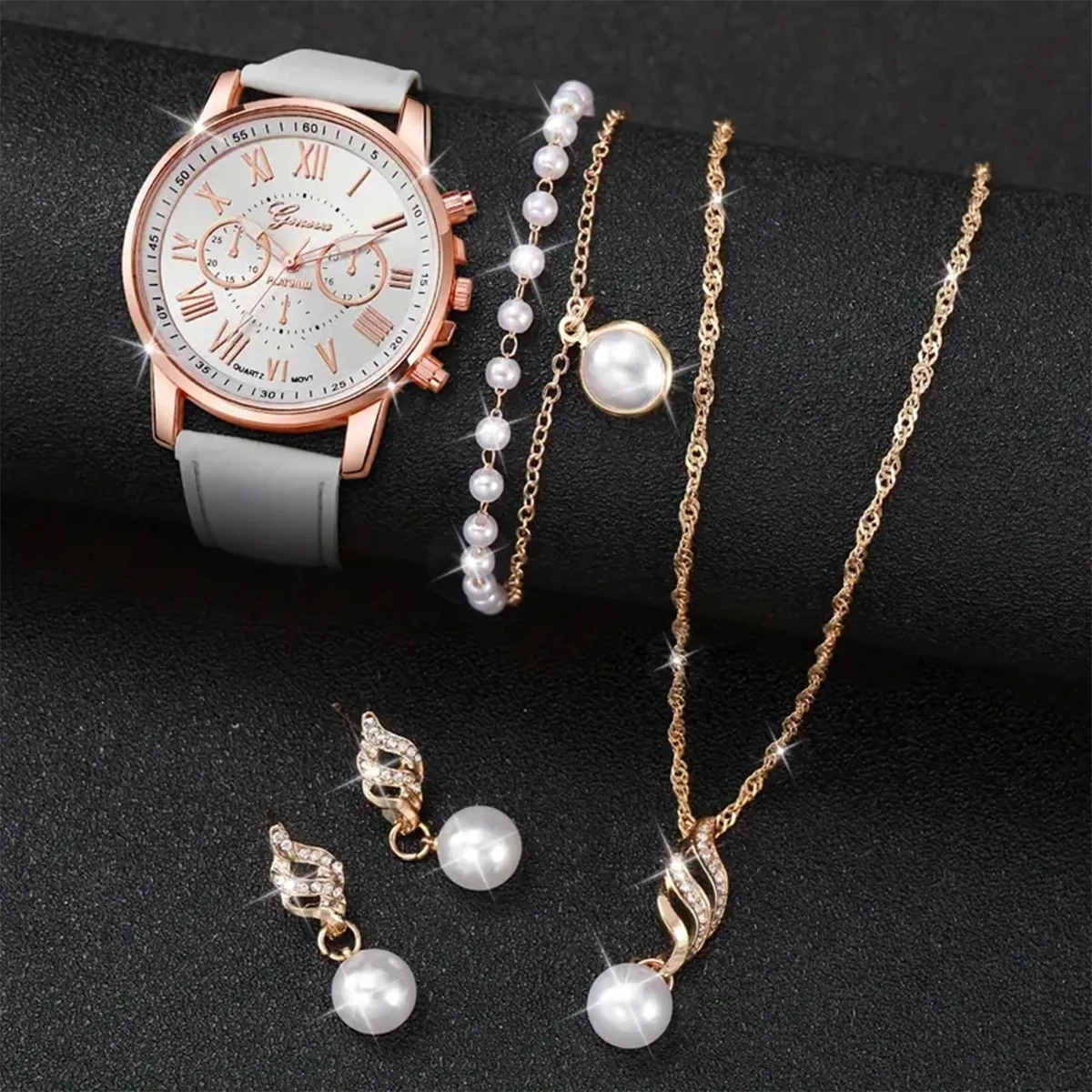 Ladies fashion personality Roman numerals belt quartz watch + Pearl rhinestone jewelry set