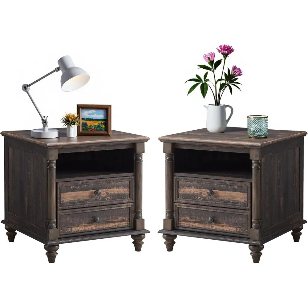 

24'' armhouse End Table w/4 Solid Wood eet Set o 2, Large 2 Ders Soa Side Table with Charging Station, Rustic Wood Square Nights