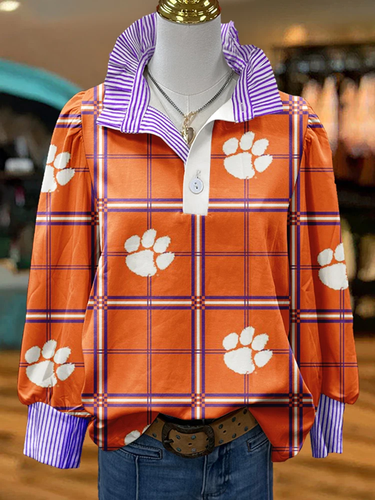 Gameday Tiger Claws Plaid Print Stripe Puff Sleeve Top