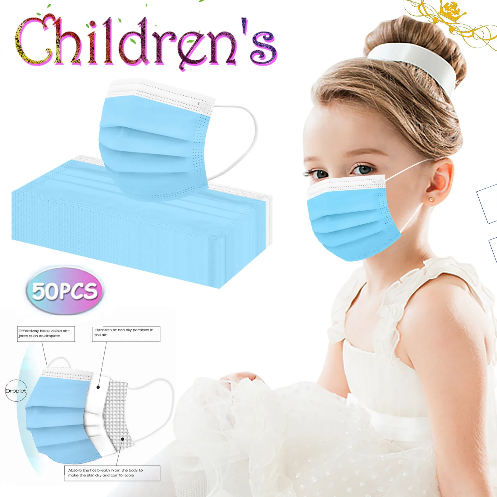 50Pcs Kids Face Mask Disposable 3 Ply Safety Face Mask 4-12 Children Face Mask