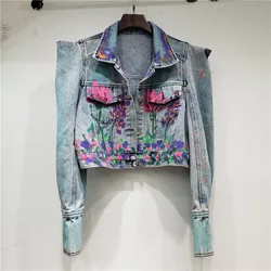 Streetwear Fashion Hand-painted Flower Graffiti Printing Short Denim Jacket Spring Autumn Women Lapel Long Sleeve Jeans Jacket