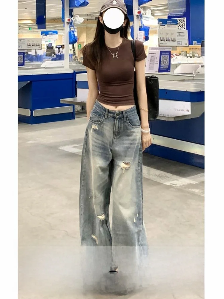 

Американские джинсы большого размера для женщин, осенне-зимняя новинка, с эффектом потертости, свободного кроя, с заниженной талией, прямые штанины