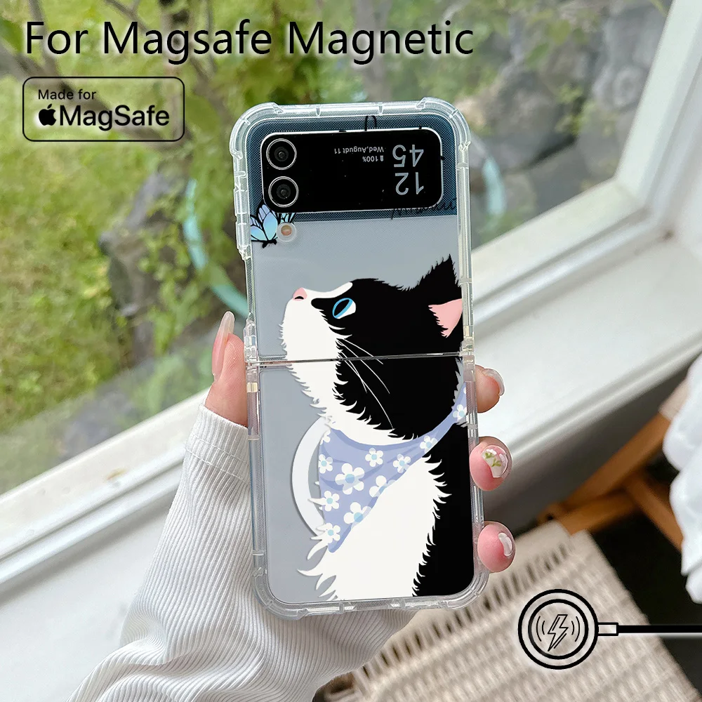 Cute Cartoon Funny Black Cat Magsafe Magnetic Phone Case for Samsung Galaxy Z Flip 3 4 Z Flip 5 6 Z 5G Transparent Back Cover