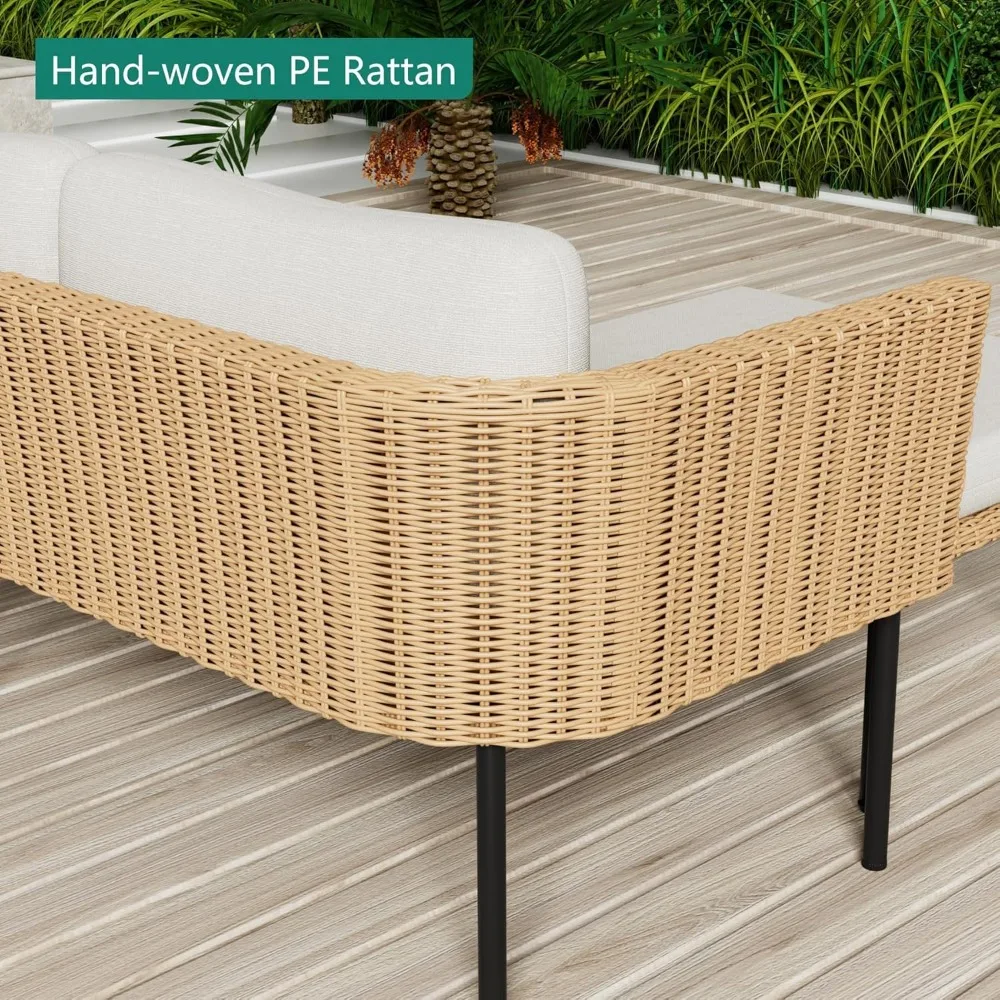 طقم أثاث للفناء مكون من 3 قطع، أريكة مقطعية خارجية على شكل حرف L مع وسائد سميكة، مجموعة محادثة من الروطان لجميع الأحوال الجوية