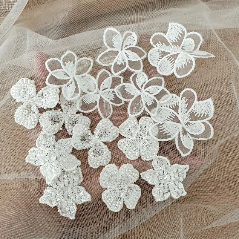 3 Styles Beaded Lace Appliques Ivory High Quality Transparent Sequin Lace Flowers for Wedding Dress Veil Hanfu