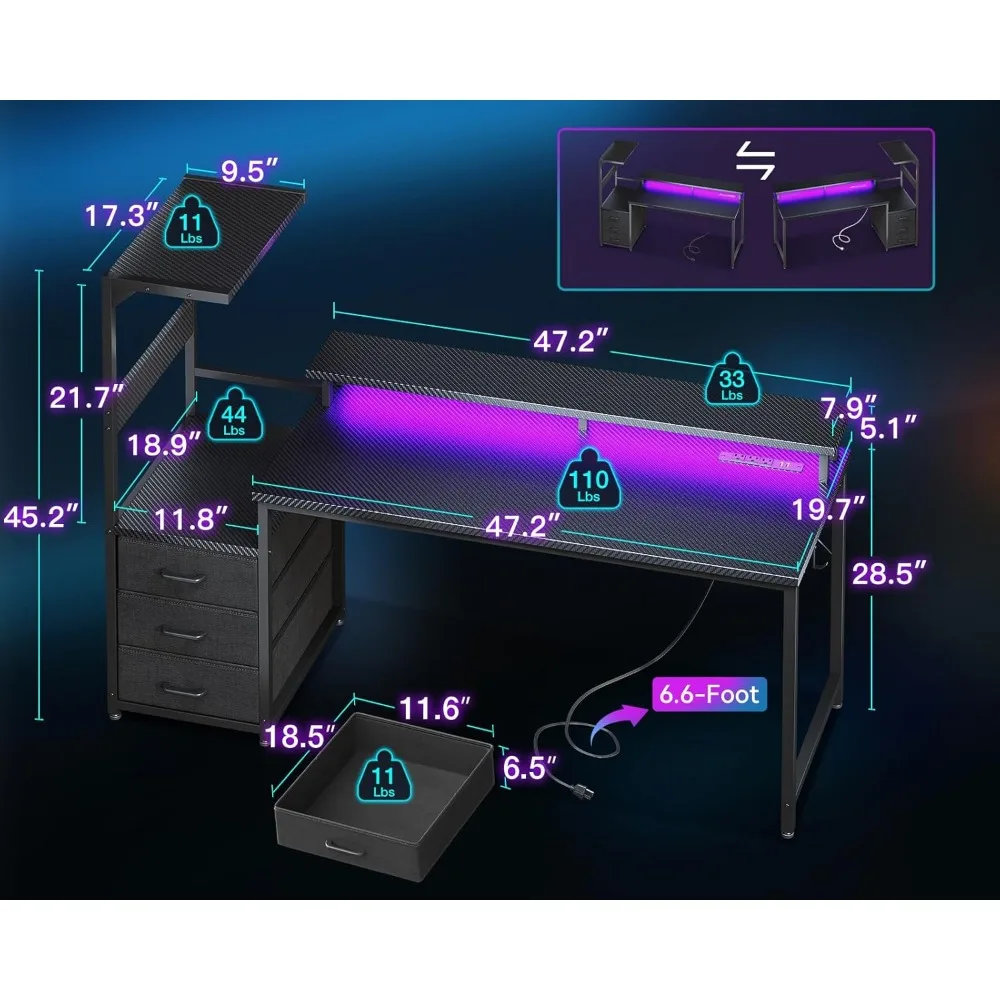 โต๊ะเล่นเกมขนาด 59 นิ้วพร้อมพอร์ตชาร์จ USB และไฟ LED- โต๊ะคอมพิวเตอร์แบบพลิกกลับได้พร้อมชั้นวางของและขาตั้งจอภาพ