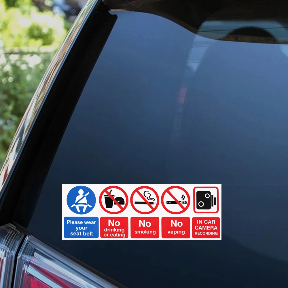 Pegatinas de advertencia de 120mm x 40mm, cinturón de seguridad CCTV, reglas de pasajeros, pegatina de vinilo para coche, 2 paquetes