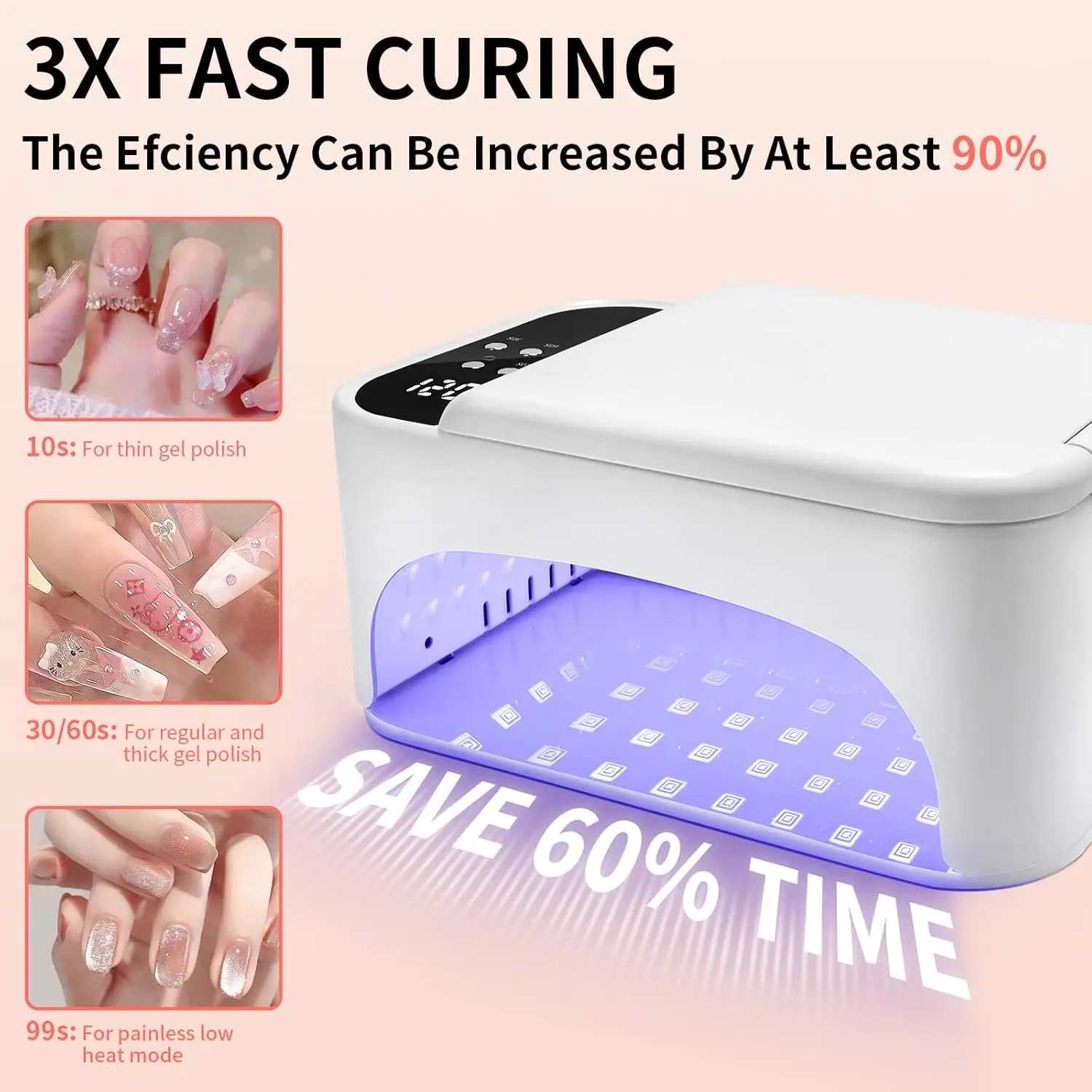مصباح أظافر LED 3 في 1 بقدرة 288 وات للأشعة فوق البنفسجية، 4 إعدادات للمؤقت، شاشة عكسية، 108 خرزة، معالجة سريعة