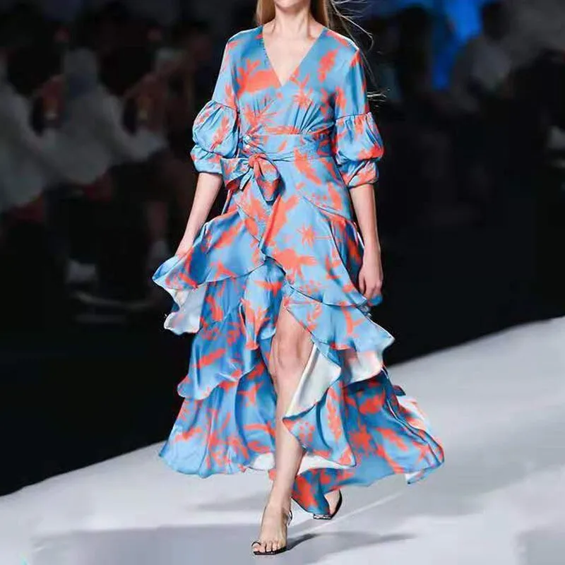 

Trendy 2025 New V-Neck Bubble Sleeve High Waist Strap Ruffle Irregular Cake Printed Dress
