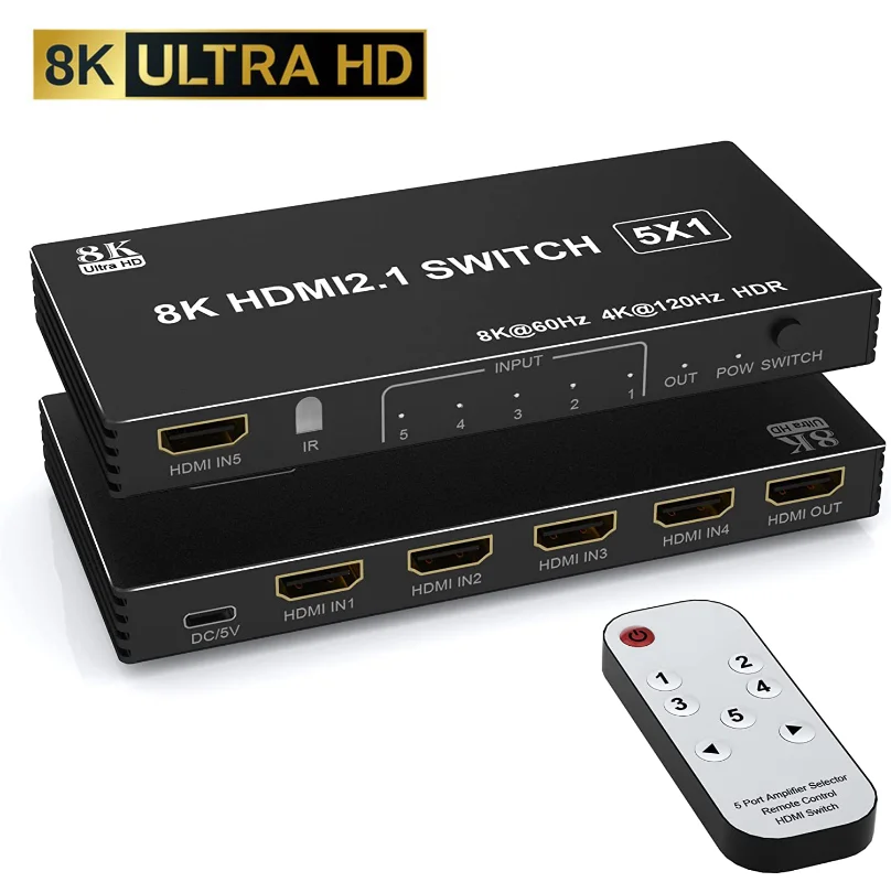 8K HDMI Switch 5 in 1 Out 8K@60Hz 4K@120Hz HDMI 2.1 Switcher 5x1 Selector with IR Remote 48Gbps HDR10 HDCP2.3 for Xbox PS4 PC TV