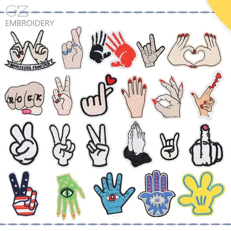 Fashion Gesture Embroidery Patches Iron on Devil Palm Badges Girl Hands Love Sign Appliques Rock Fist Emblem for T-shirts Decor