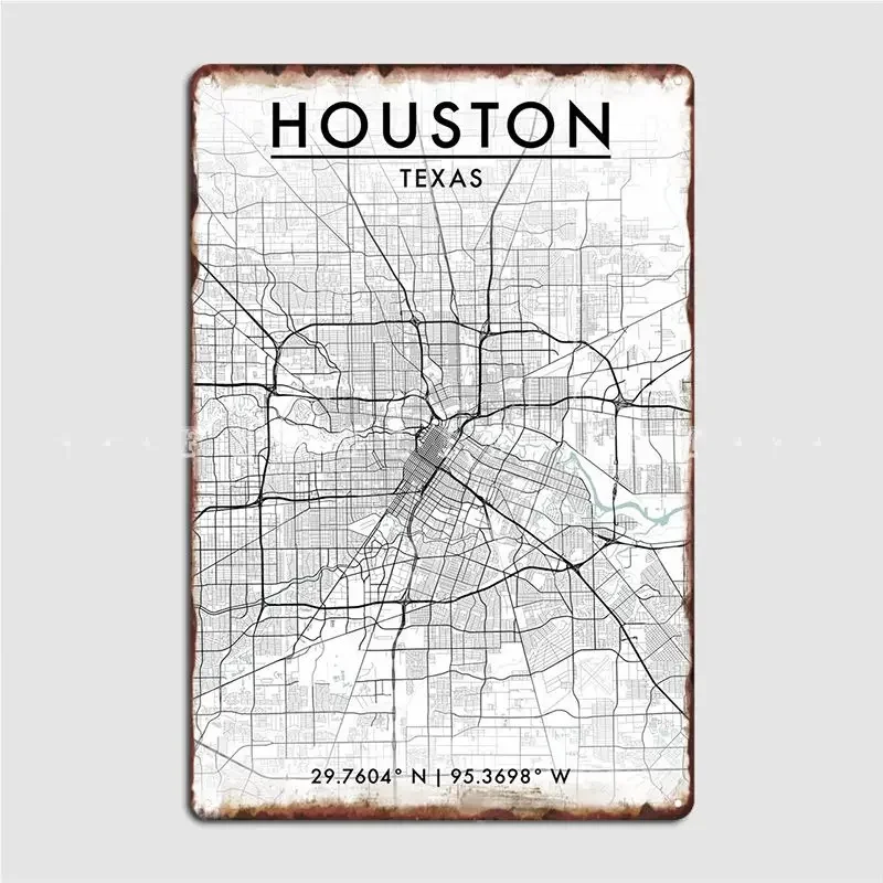 Houston City Map Metal Sign Cinema Living Room Classic Wall Wall Decor Tin Sign Poster