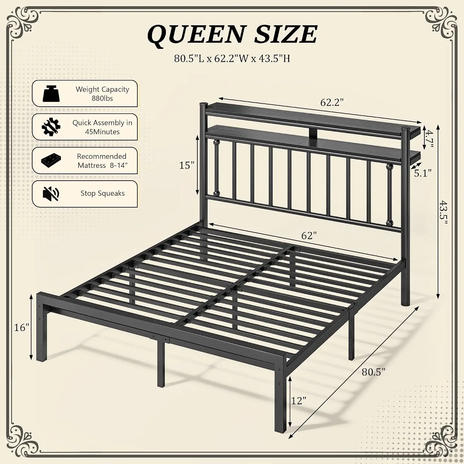 Queen Metal Bed Frame with Victorian Headboard Shelf & LED Light, 12