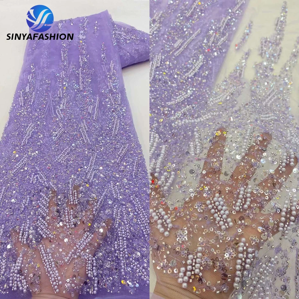 

Sinya Wholesale Price Lilac African Pearls Sequins Lace Fabric High Quality French Nigerian Luxury Beaded Lace Bridal Fabrics