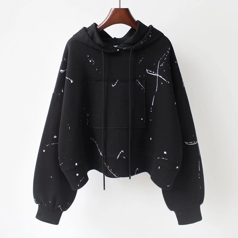 Women Cropped Hoodie Long Sleeve Lightweight Sweatshirt Korean Loose Asymmetric Print Top Streetwear Casual Spring Autumn