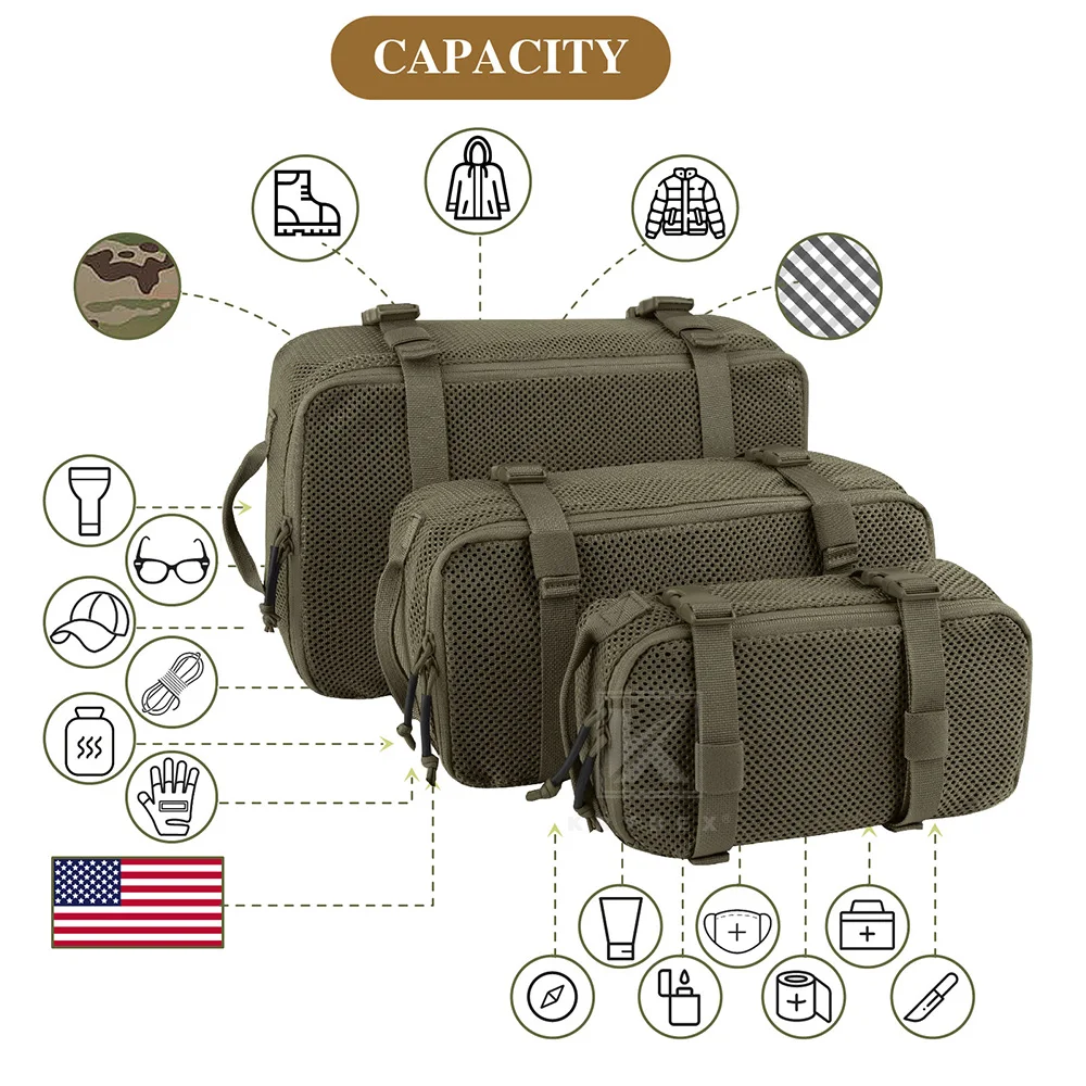 KRYDEX Tactical Mesh Modular Pouch Set 3PCS Outdoor Backpack Organizer Travel Suitcase Storage Bag Packing Cubes Hunting Gear