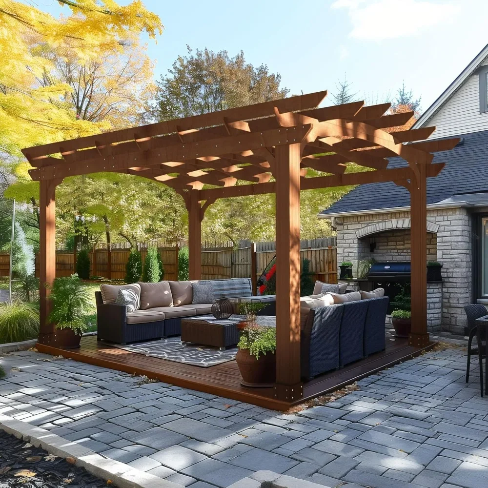 Pérgola de 10' x 12', pérgola de patio con estructura sólida, pergolas de cedro de madera y cenados con tapa arqueada para fiesta de parrilla en el patio trasero