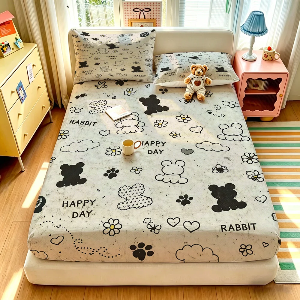 3pcs(1 duvet cover + 2 pillowcases, coreless)cartoon bear flower and cloud pattern bedding set, available in multiple sizes