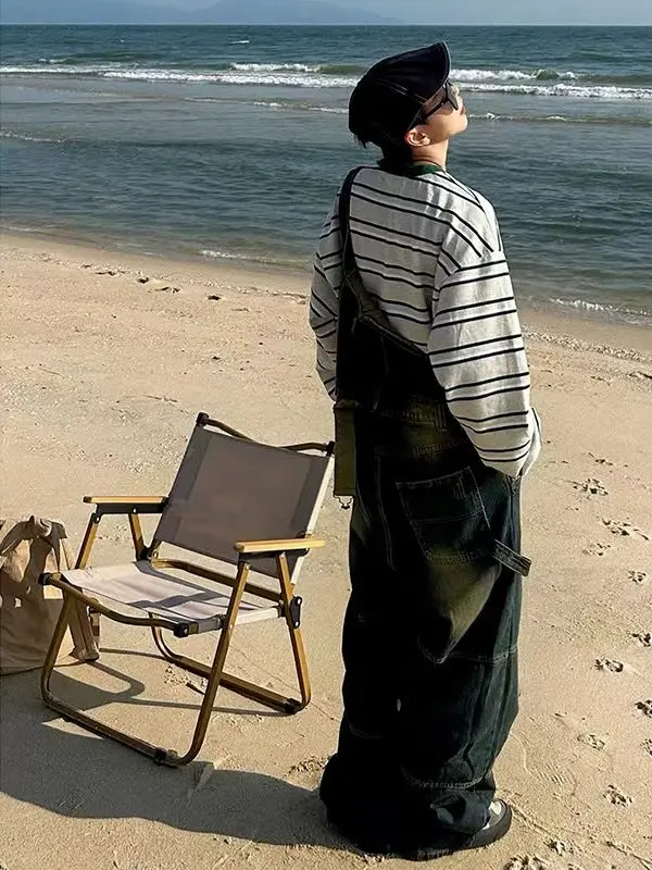 アメリカン スレ メンズ デニム オーバーオール ストレートレッグ ワークウェア カジュアル ワイドレッグ パンツ ミッドウエスト ロングパンツ 夏シーズン