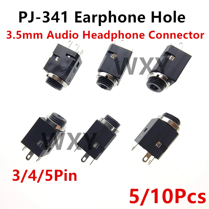 Enchufe Vertical hembra con tornillo 3,5, conector de Audio para auriculares, orificio para auriculares, piezas, 5/10 PJ-341, 4/5mm, 3/3,5 pines