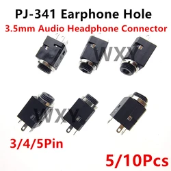 Enchufe Vertical hembra con tornillo 3,5, conector de Audio para auriculares, orificio para auriculares, piezas, 5/10 PJ-341, 4/5mm, 3/3,5 pines