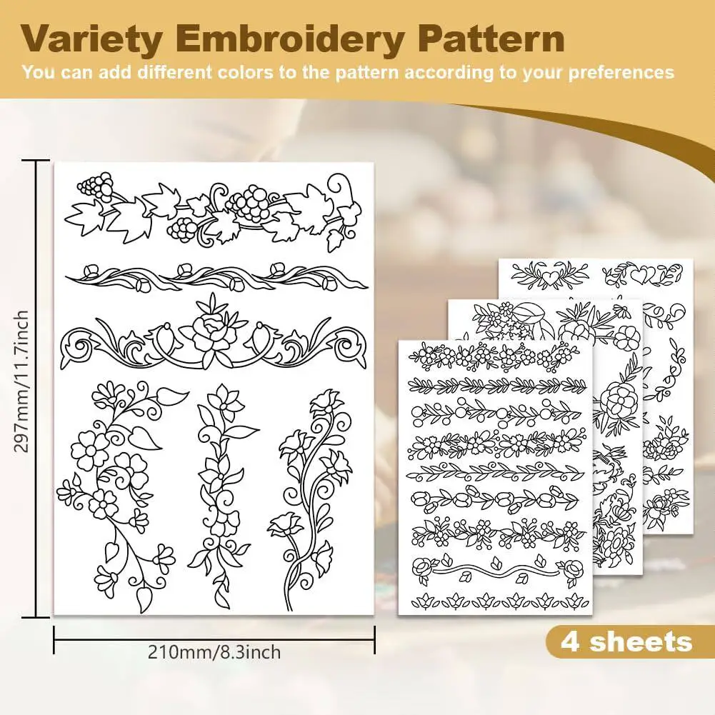 4 Sheets A4 Water Soluble Embroidery Paper Self-Adhesive Floral Lace Pattern Non-Woven Dissolvable Backing Stabilizer