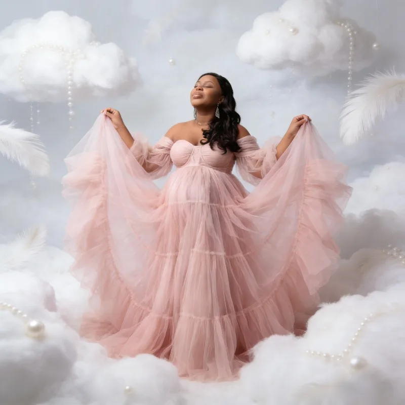 

Off Shoulder A Line Maternity Robes for Photoshoot Long Sleeves Tulle Pregnant Women Dresses Sexy Customized Baby Shower Gowns
