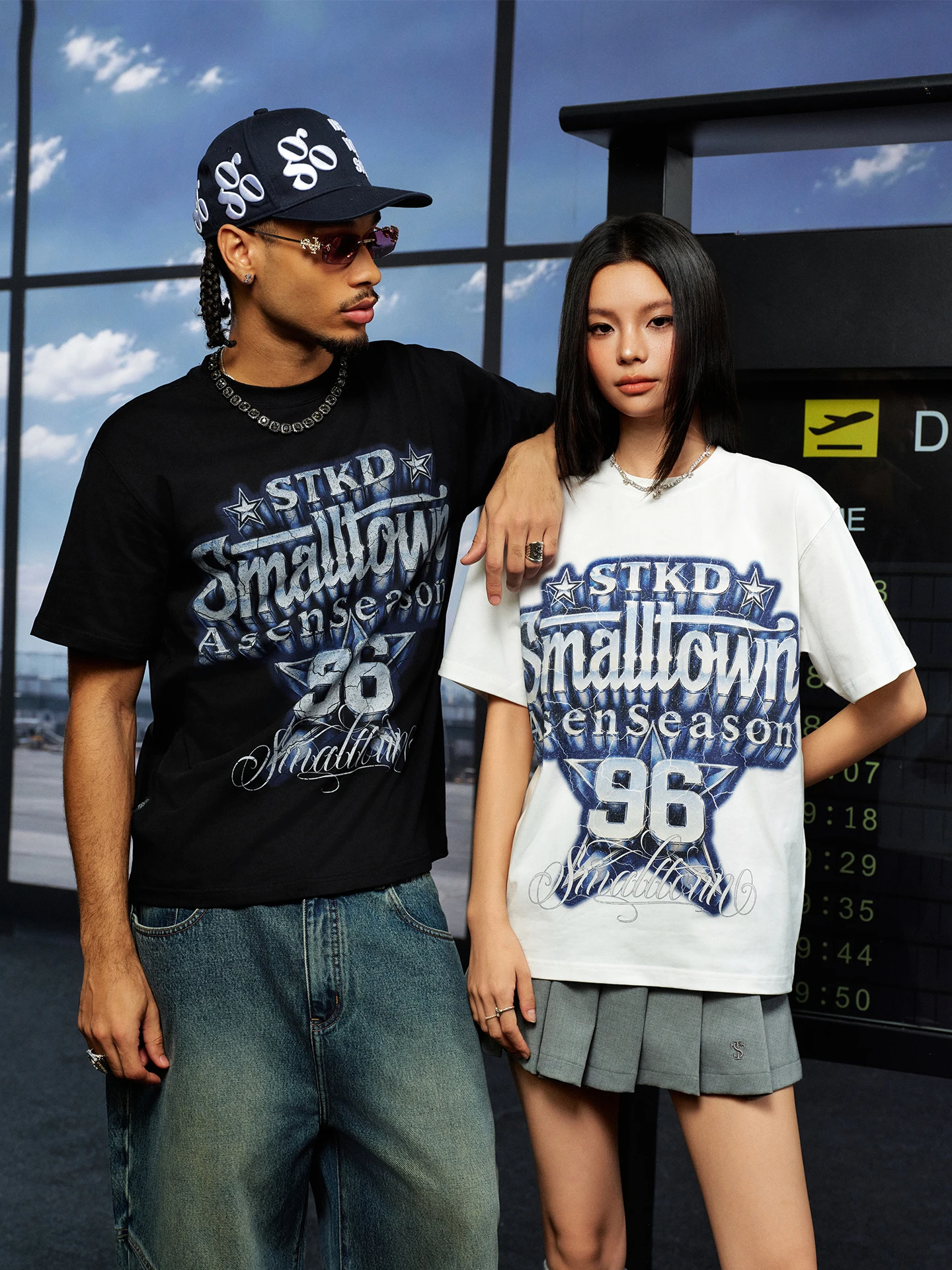 STK SmallTownKid Main Street Deep Blue Star Rock Short Sleeve T-Shirt American Letter Print Loose Fit Cotton round Neck Top