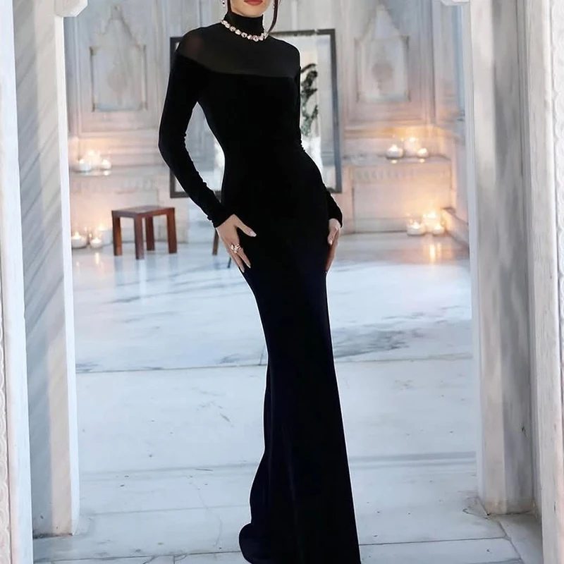 

Винтажное тонкое женское банкетное платье с высоким воротником, элегантное облегающее вечернее платье с длинными рукавами, темпераментное платье на бедрах с запахом