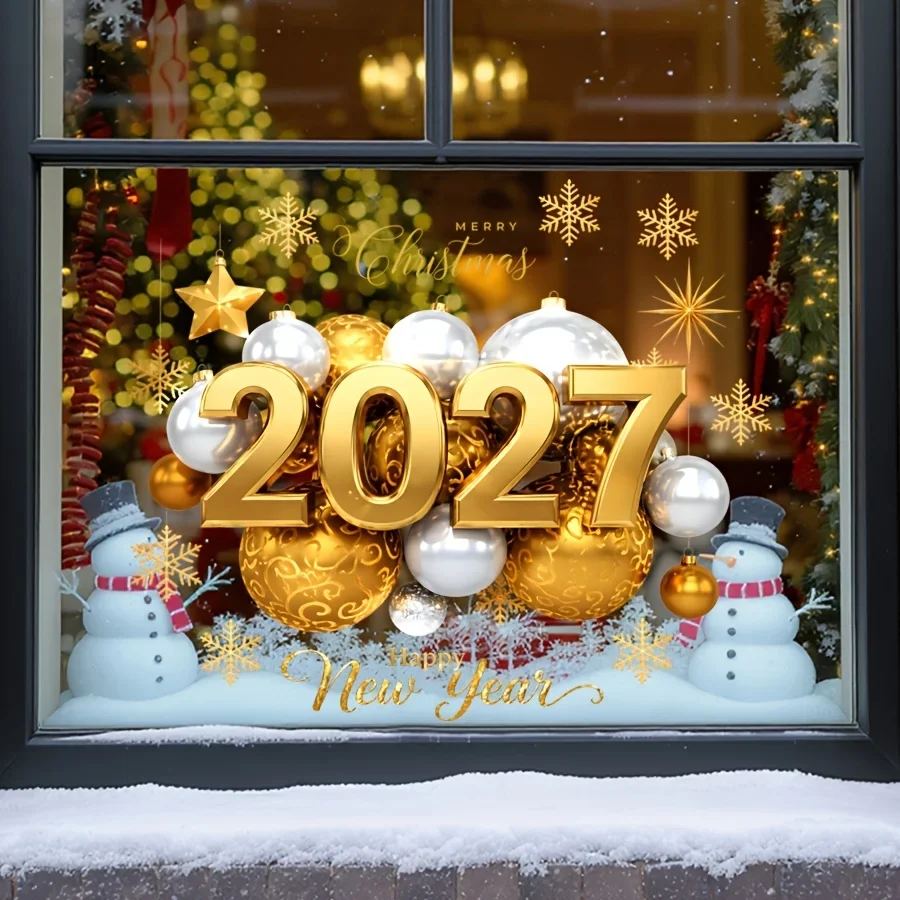 2027 Christmas New Year Window Sticker, Snowman Snowflake Star Merry Christmas Happy New Year Static Window Cling